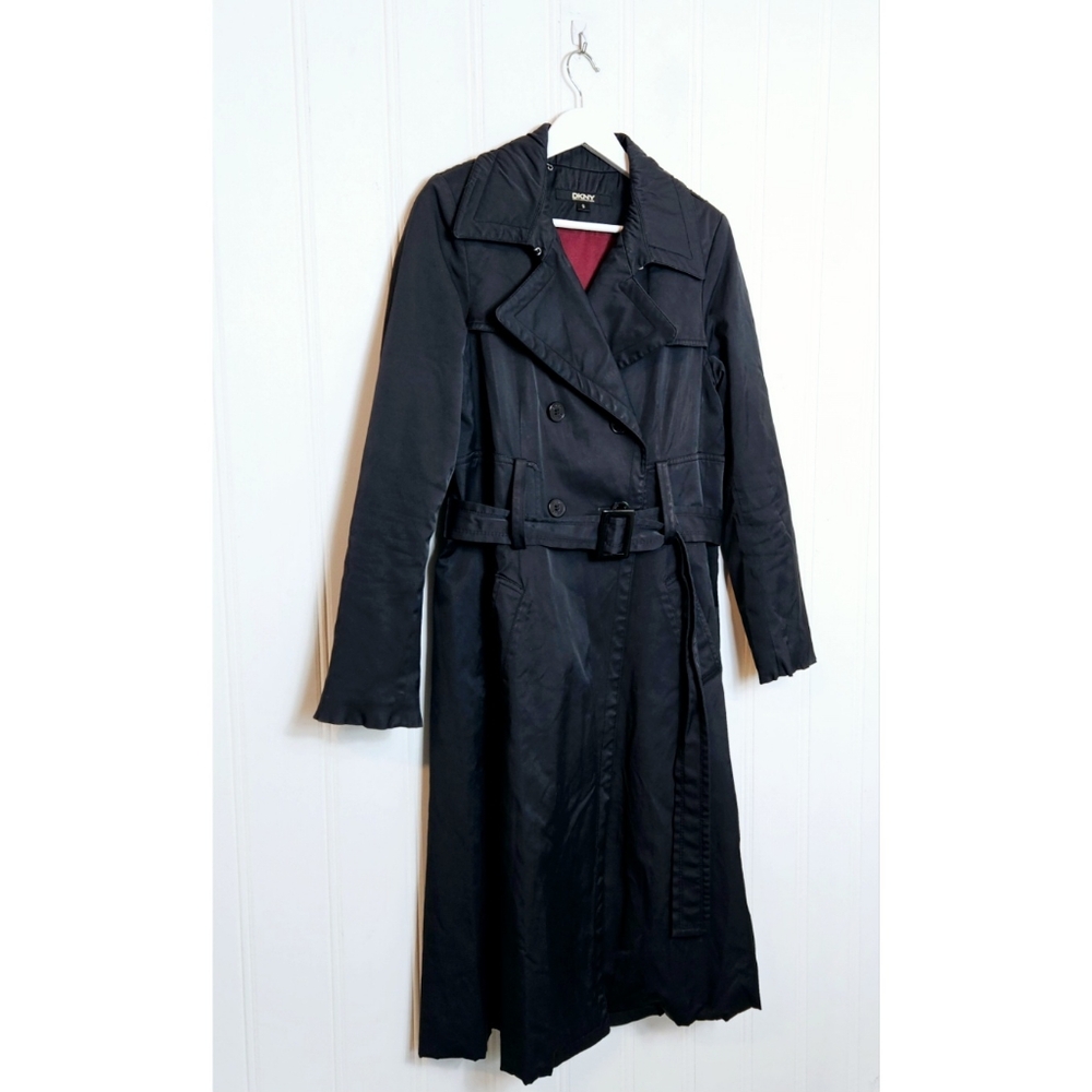 DKNY Trench Coat Women's S Double Breasted Belted Office Quiet Luxury Black Long